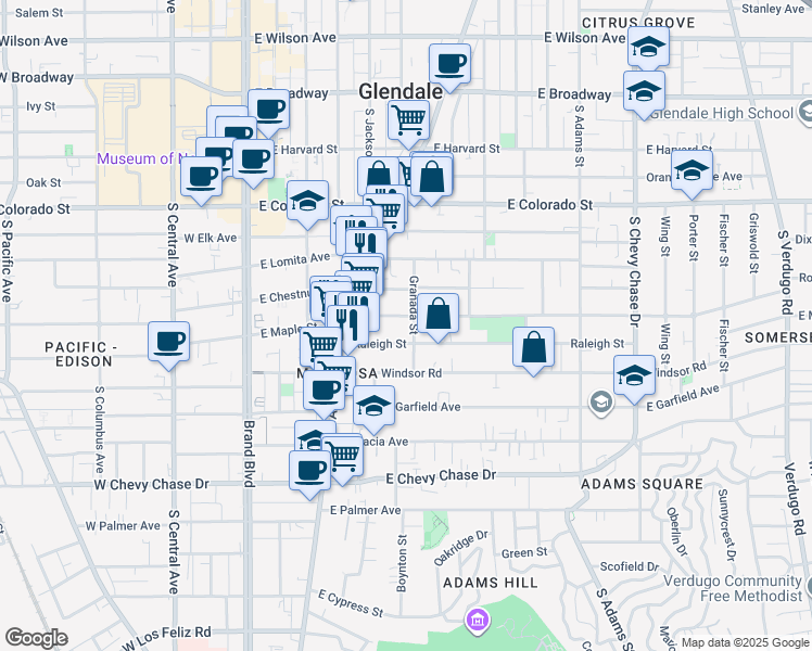 map of restaurants, bars, coffee shops, grocery stores, and more near 605 Raleigh Street in Glendale