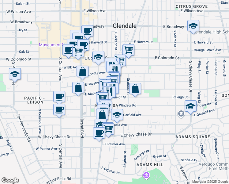 map of restaurants, bars, coffee shops, grocery stores, and more near 714 South Glendale Avenue in Glendale