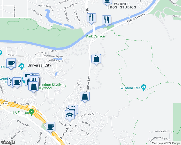 map of restaurants, bars, coffee shops, grocery stores, and more near 3636 Barham Boulevard in Los Angeles