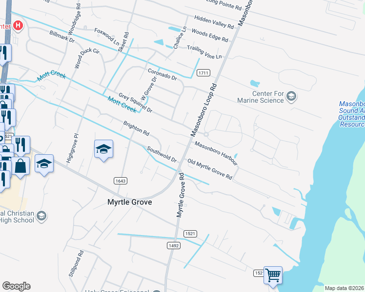 map of restaurants, bars, coffee shops, grocery stores, and more near 5326 Masonboro Loop Road in Wilmington