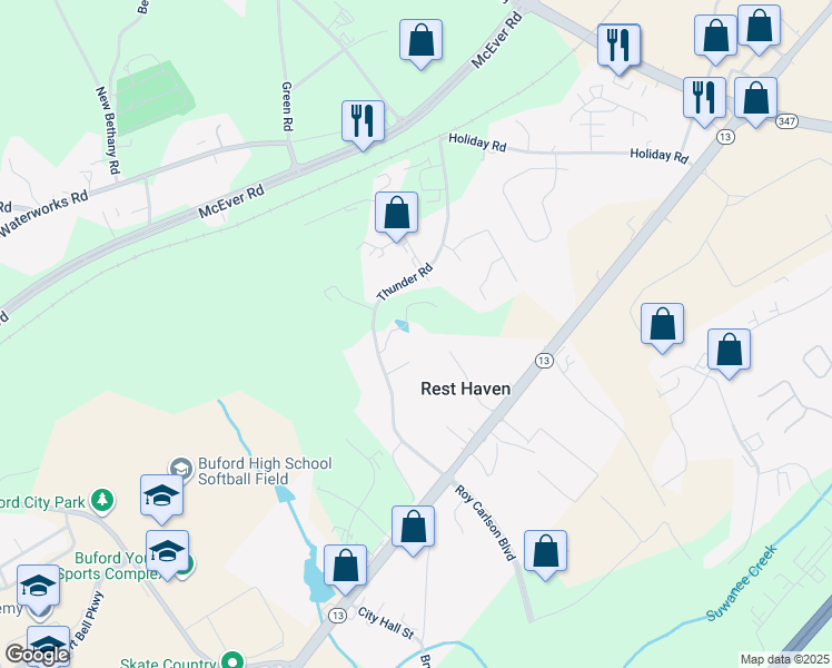 map of restaurants, bars, coffee shops, grocery stores, and more near 401 Thunder Road in Buford