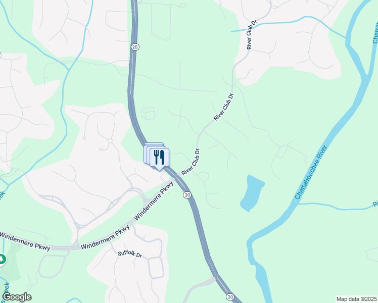 map of restaurants, bars, coffee shops, grocery stores, and more near 3230 Riverhill Court in Cumming