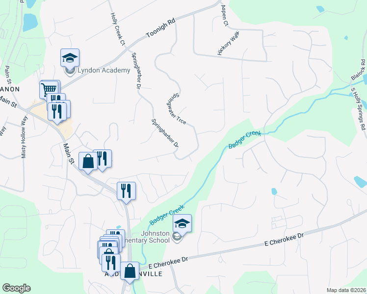 map of restaurants, bars, coffee shops, grocery stores, and more near 618 Springharbor Drive in Woodstock