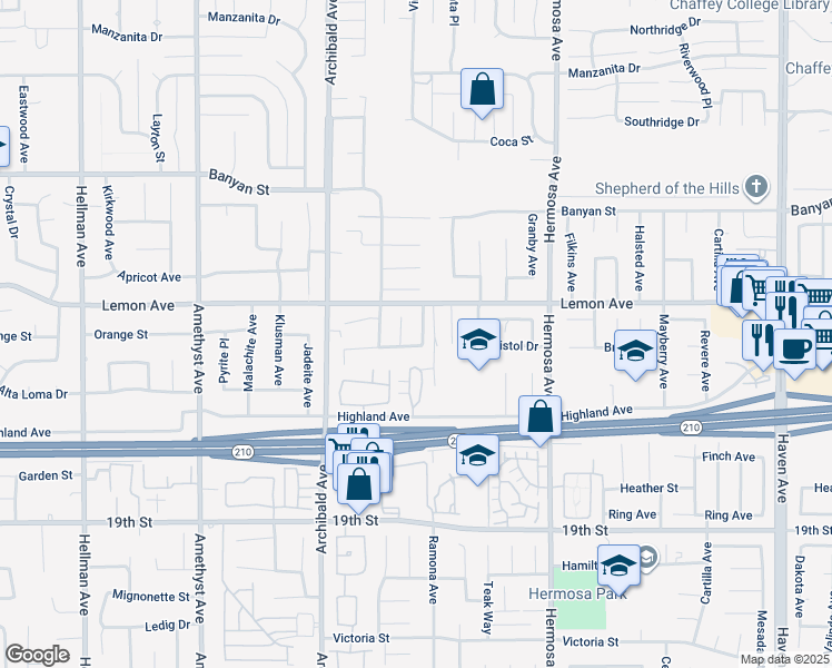 map of restaurants, bars, coffee shops, grocery stores, and more near 6360 Calle Hermoso in Rancho Cucamonga