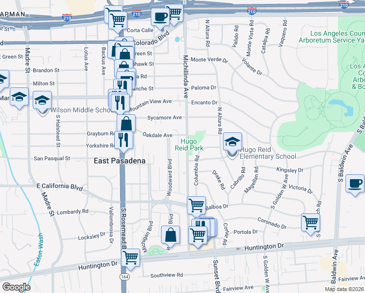 map of restaurants, bars, coffee shops, grocery stores, and more near 451 South Michillinda Avenue in Pasadena