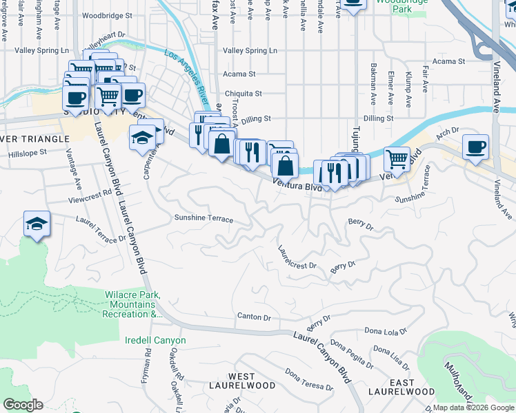 map of restaurants, bars, coffee shops, grocery stores, and more near 11621 Sunshine Terrace in Los Angeles