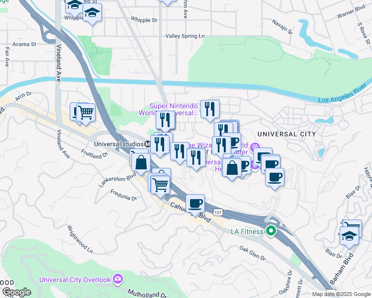 map of restaurants, bars, coffee shops, grocery stores, and more near Universal Hollywood Drive in Los Angeles County