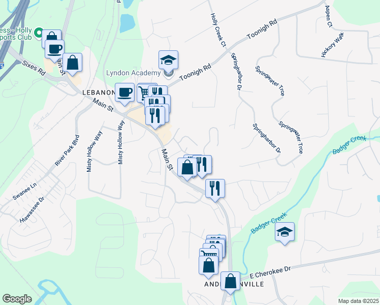 map of restaurants, bars, coffee shops, grocery stores, and more near 223 Fox Creek Boulevard in Woodstock
