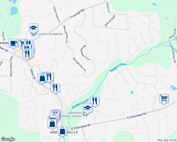 map of restaurants, bars, coffee shops, grocery stores, and more near 618 Springharbor Dr in Woodstock