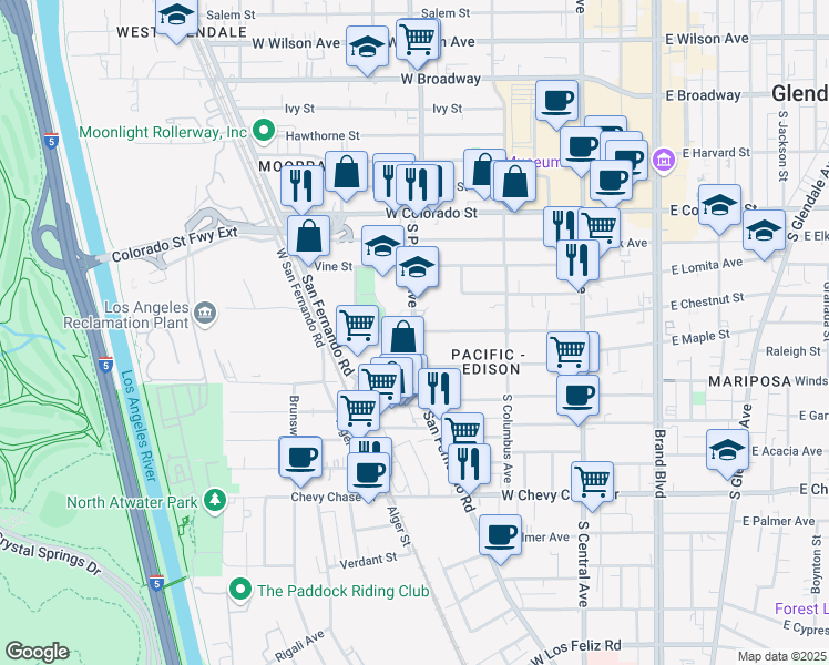 map of restaurants, bars, coffee shops, grocery stores, and more near South Pacific Avenue & Riverdale Drive in Glendale