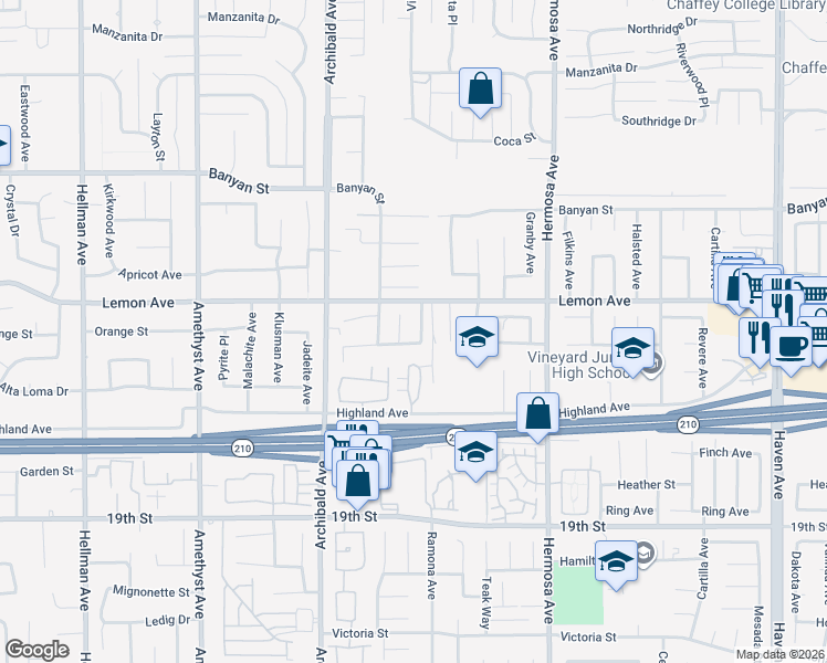 map of restaurants, bars, coffee shops, grocery stores, and more near 6360 Calle Hermoso in Rancho Cucamonga