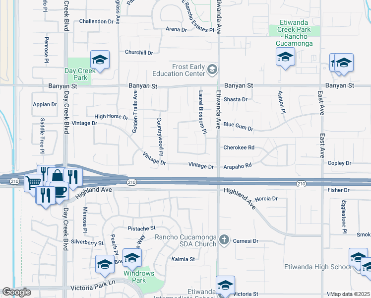 map of restaurants, bars, coffee shops, grocery stores, and more near 12770 Bridge Water Drive in Rancho Cucamonga