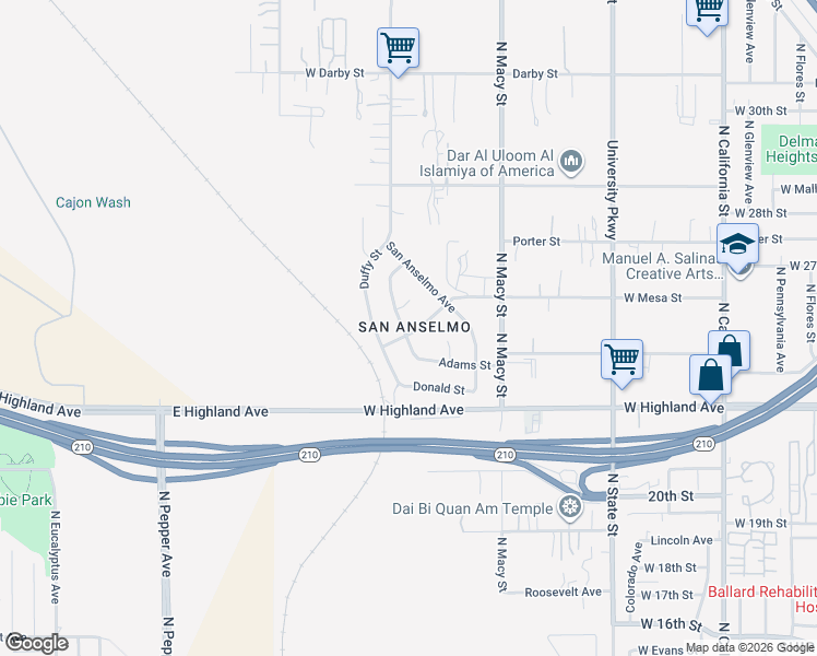 map of restaurants, bars, coffee shops, grocery stores, and more near 2405 North San Carlo Avenue in San Bernardino