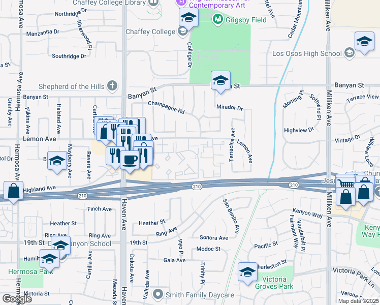 map of restaurants, bars, coffee shops, grocery stores, and more near 10757 Lemon Avenue in Rancho Cucamonga
