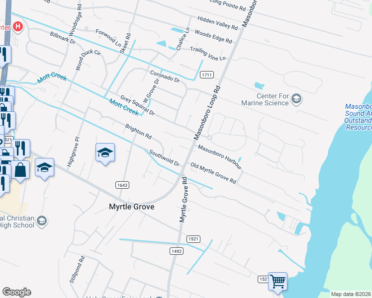 map of restaurants, bars, coffee shops, grocery stores, and more near 5326 Masonboro Loop Road in Wilmington