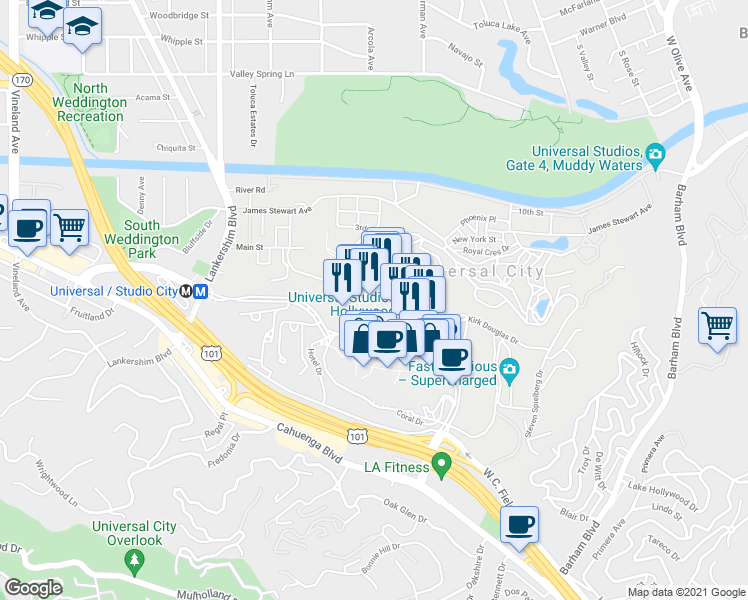 map of restaurants, bars, coffee shops, grocery stores, and more near Studio Way in Universal City
