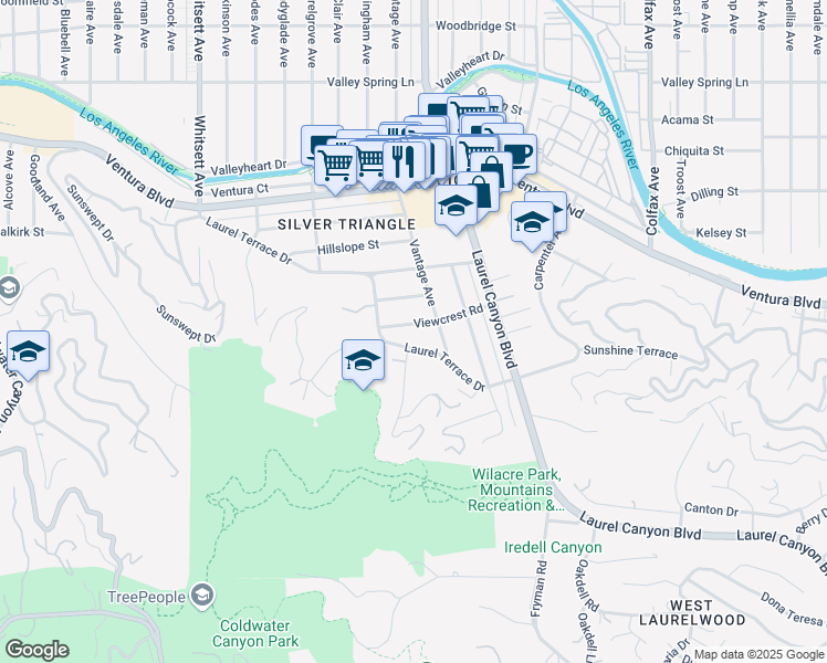 map of restaurants, bars, coffee shops, grocery stores, and more near 12128 Viewcrest Road in Los Angeles