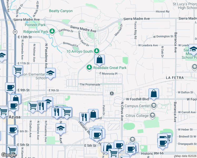 map of restaurants, bars, coffee shops, grocery stores, and more near 955 North Sweetbriar Lane in Azusa