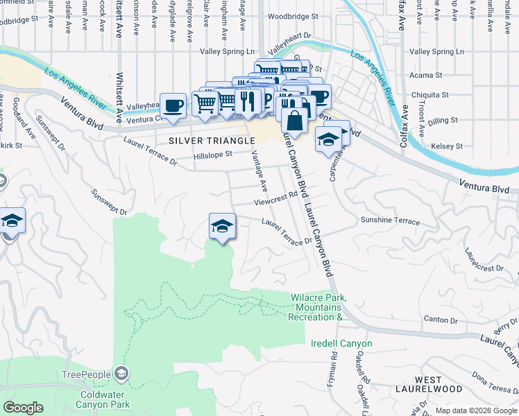map of restaurants, bars, coffee shops, grocery stores, and more near 12119 Laurel Terrace Drive in Los Angeles
