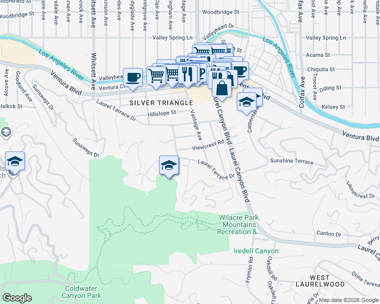 map of restaurants, bars, coffee shops, grocery stores, and more near 12119 Laurel Terrace Drive in Los Angeles