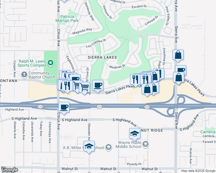 map of restaurants, bars, coffee shops, grocery stores, and more near 16467 El Revino Drive in Fontana