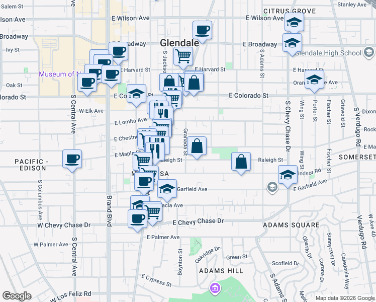 map of restaurants, bars, coffee shops, grocery stores, and more near 704 Granada Street in Glendale