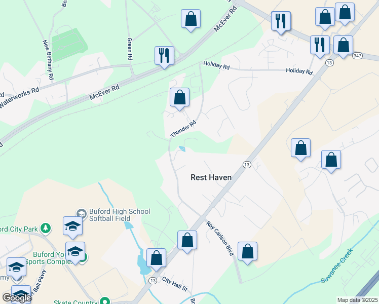 map of restaurants, bars, coffee shops, grocery stores, and more near 401 Thunder Road in Buford