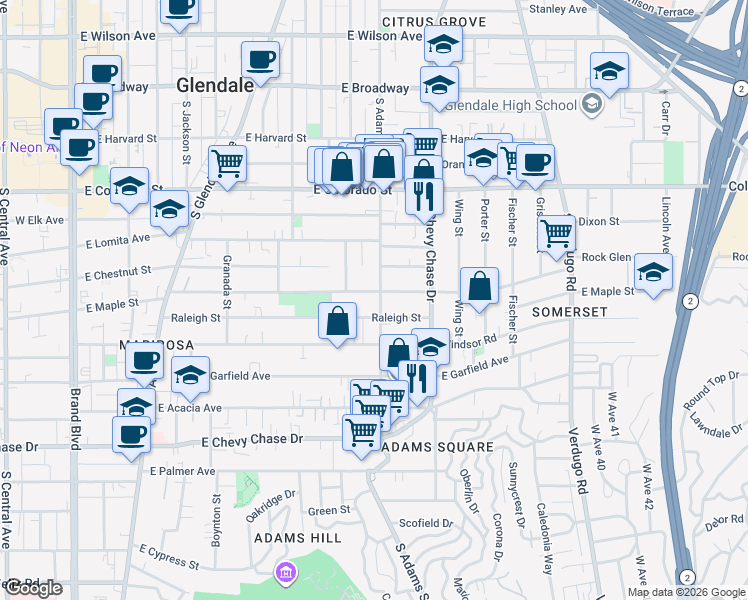 map of restaurants, bars, coffee shops, grocery stores, and more near 705 South Adams Street in Glendale