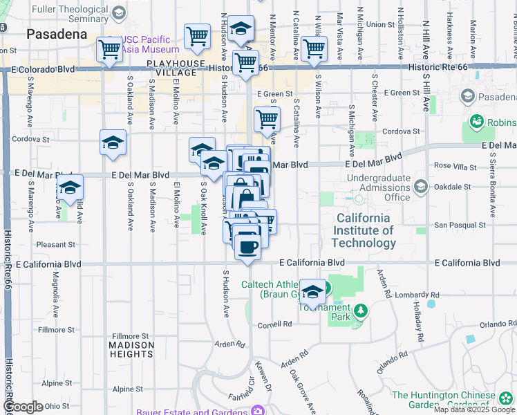 map of restaurants, bars, coffee shops, grocery stores, and more near 415 South Lake Avenue in Pasadena