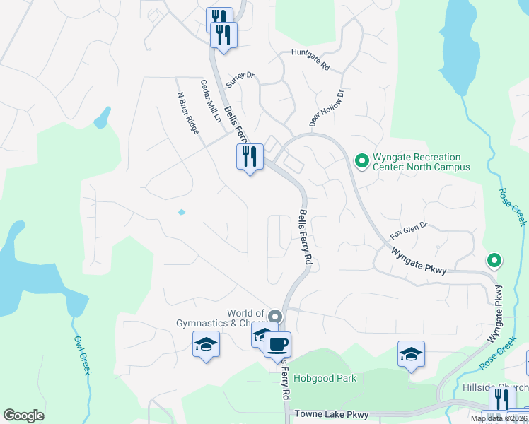 map of restaurants, bars, coffee shops, grocery stores, and more near 240 Ascott Lane in Woodstock