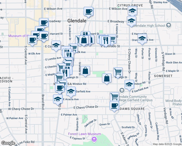 map of restaurants, bars, coffee shops, grocery stores, and more near 706 East Maple Street in Glendale