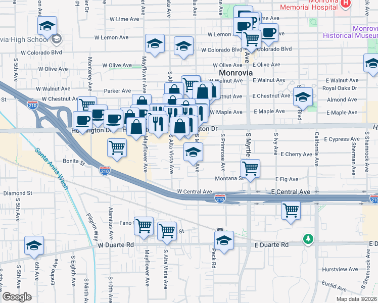 map of restaurants, bars, coffee shops, grocery stores, and more near 322 West Cypress Avenue in Monrovia