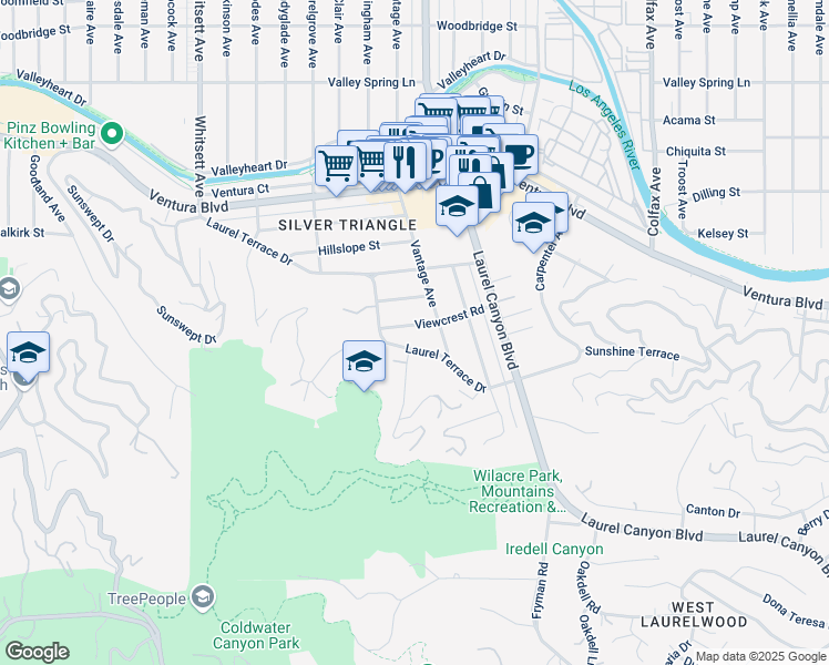 map of restaurants, bars, coffee shops, grocery stores, and more near 12128 Viewcrest Road in Los Angeles