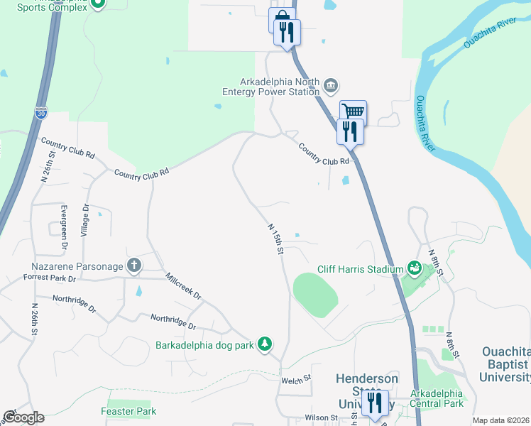 map of restaurants, bars, coffee shops, grocery stores, and more near 1030 North 15th Street in Arkadelphia