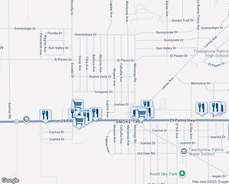 map of restaurants, bars, coffee shops, grocery stores, and more near Mojave Avenue in Twentynine Palms