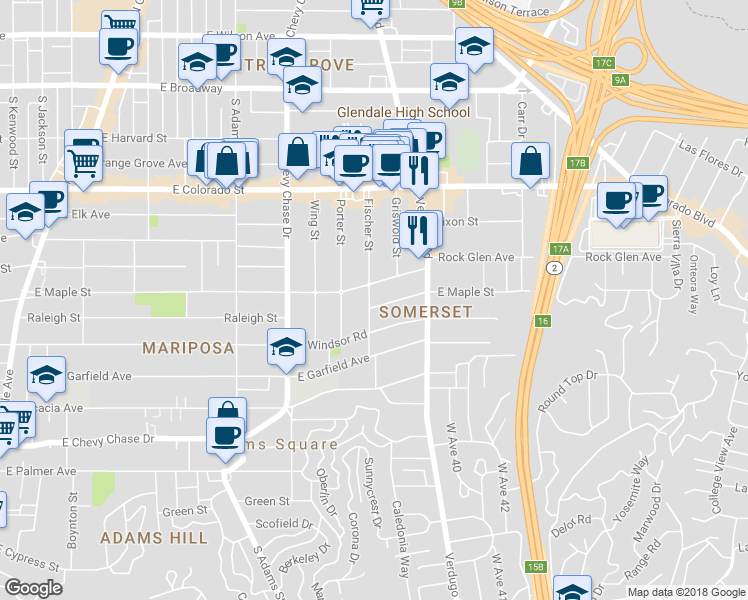 map of restaurants, bars, coffee shops, grocery stores, and more near 1341 Kent Place in Glendale