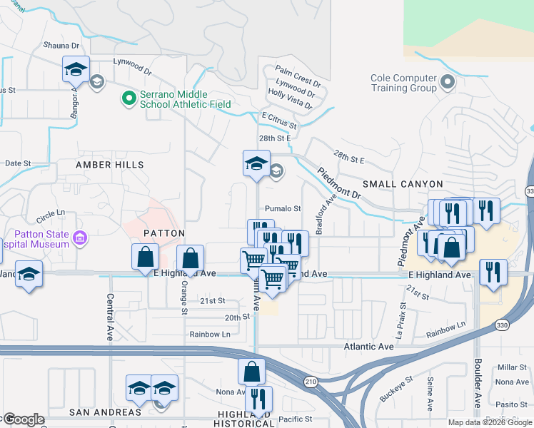map of restaurants, bars, coffee shops, grocery stores, and more near 3617 Pumalo Street in Highland