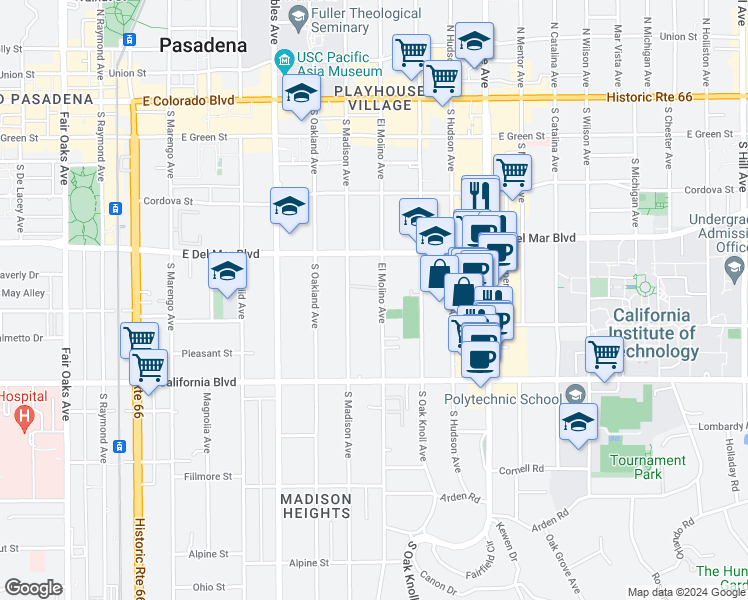 map of restaurants, bars, coffee shops, grocery stores, and more near 415 South El Molino Avenue in Pasadena