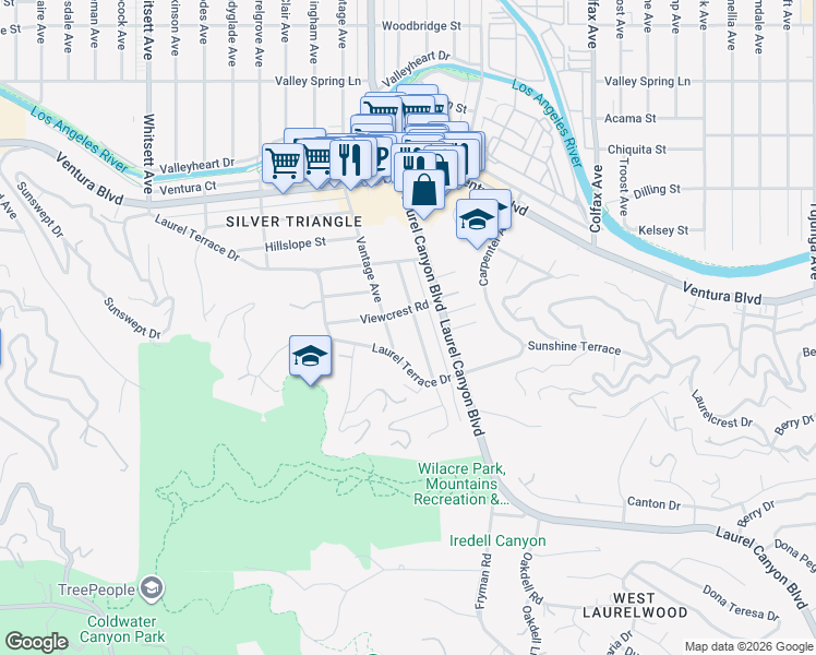 map of restaurants, bars, coffee shops, grocery stores, and more near 3769 Mound View Avenue in Los Angeles