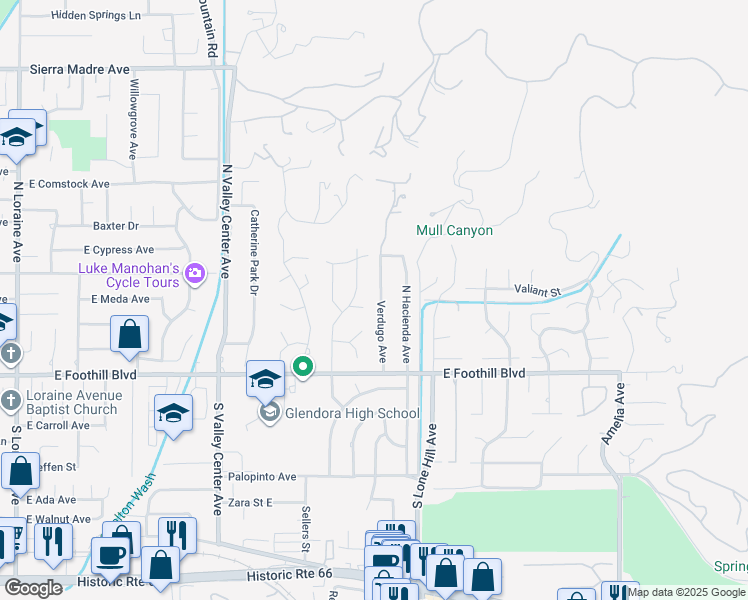 map of restaurants, bars, coffee shops, grocery stores, and more near 223 Verdugo Avenue in Glendora