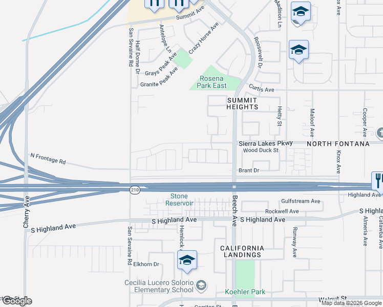 map of restaurants, bars, coffee shops, grocery stores, and more near 6341 Waterstone Way in Fontana