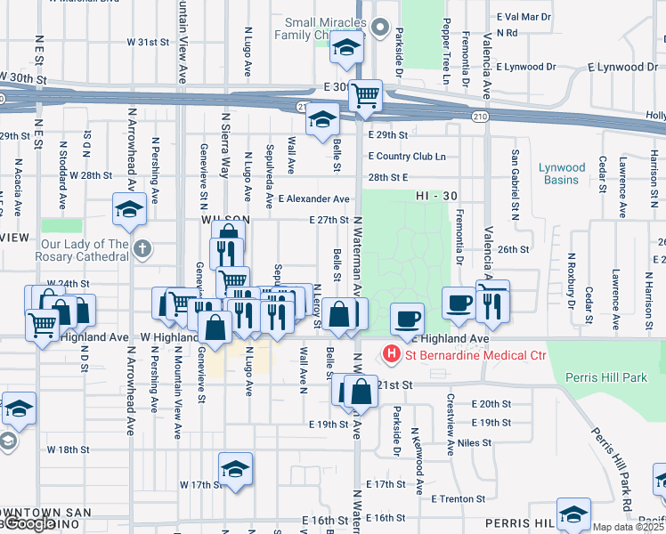 map of restaurants, bars, coffee shops, grocery stores, and more near 2486 Belle Street in San Bernardino