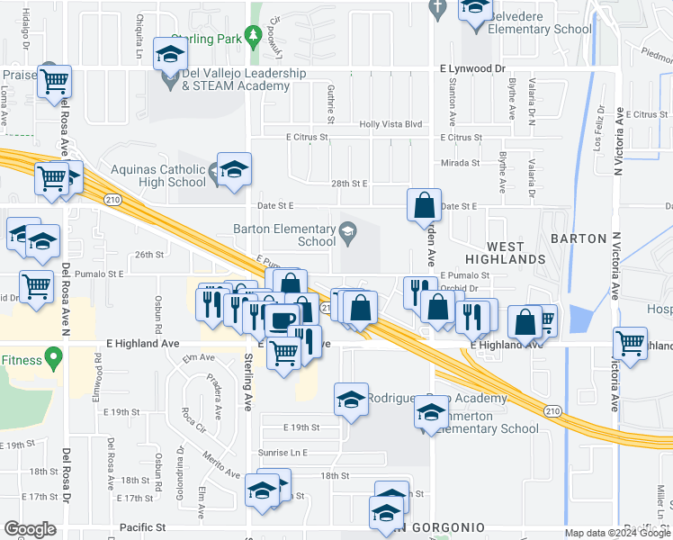 map of restaurants, bars, coffee shops, grocery stores, and more near 25898 Pumalo Street in San Bernardino