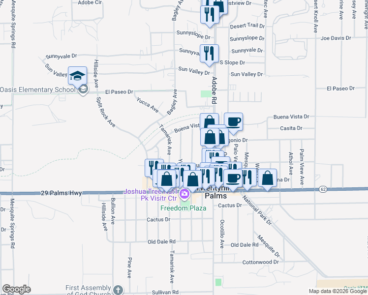 map of restaurants, bars, coffee shops, grocery stores, and more near 6321 Yucca Avenue in Twentynine Palms