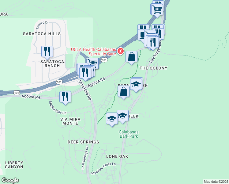 map of restaurants, bars, coffee shops, grocery stores, and more near 1333 Lost Hills Road in Calabasas