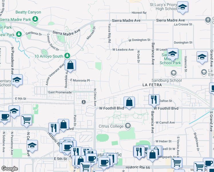 map of restaurants, bars, coffee shops, grocery stores, and more near 275 North Baldy Vista Avenue in Glendora