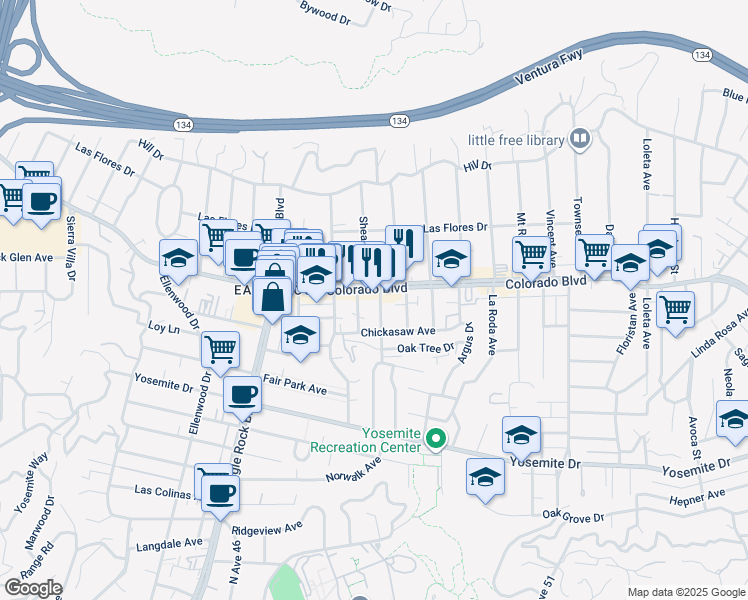 map of restaurants, bars, coffee shops, grocery stores, and more near 5091 Glen Iris Avenue in Los Angeles
