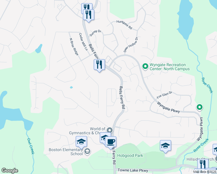 map of restaurants, bars, coffee shops, grocery stores, and more near 234 Ascott Lane in Woodstock