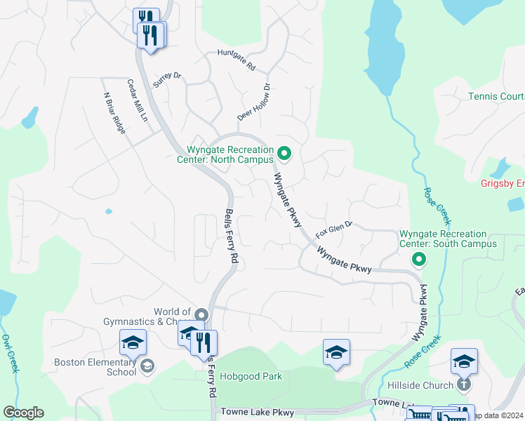 map of restaurants, bars, coffee shops, grocery stores, and more near 5033 Wesleyan Drive in Woodstock