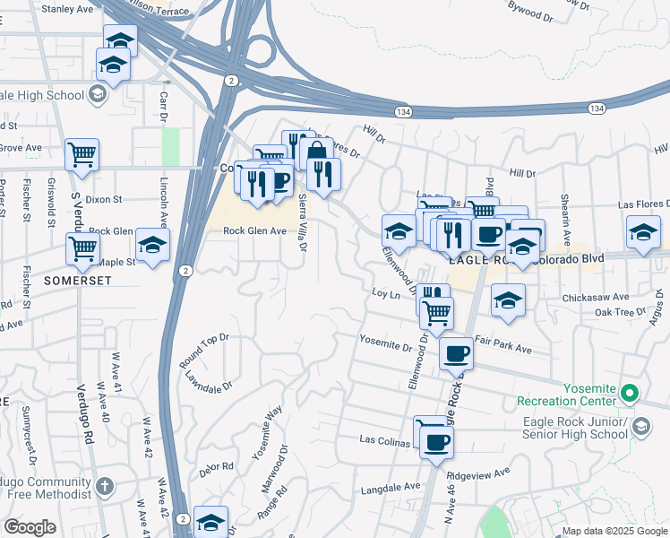 map of restaurants, bars, coffee shops, grocery stores, and more near 2460 Loy Lane in Los Angeles